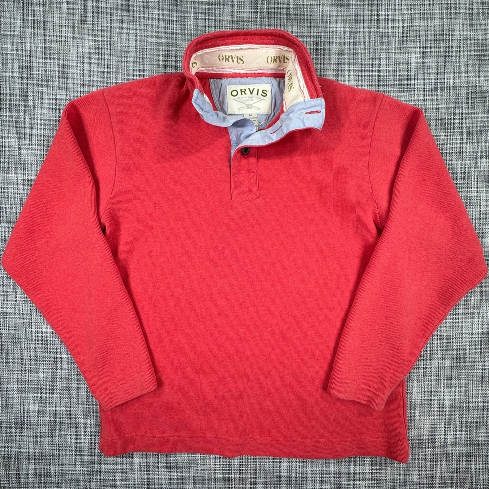 Orvis Mens Sweater Medium Red Cotton Knit Quarter Button Mock Neck Pullover